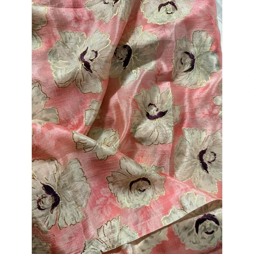 5.47 Yds Aqua Pink Metallic Floral Chiffon Fabric 44” Wide Elegant Fabric